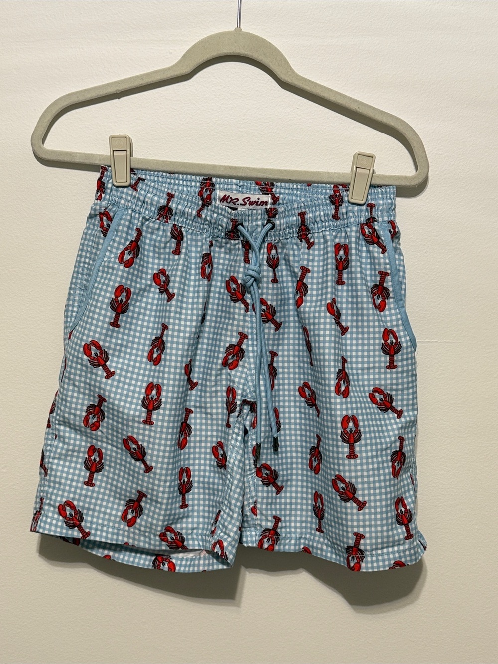 Men's Light Blue Gingham Athletic Shorts with Red Lobster Print